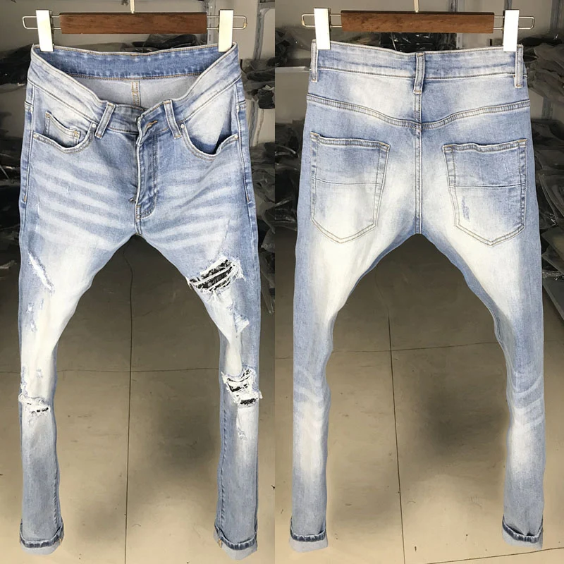 Jeans da uomo alla moda in stile americano Street Jeans strappati Slim Fit  elastici azzurri retrò patch da uomo pantaloni Punk Hip Hop firmati|Jeans|  - AliExpress