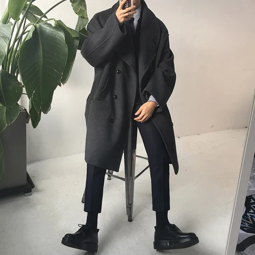 W1414dark gray Японский ветровка Для мужчин; Длинная Куртка с секциями теплая дутая куртка теплое пальто Для мужчин прилива Для Мужчин's пальто свободного кроя шерстяное пальто Корейская версия - Цвет: W1414dark gray