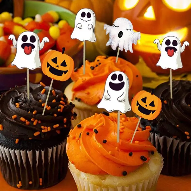 12pcs Halloween Cup Cake Decoration Insert Card Ghost Pumpkin Halloween Cake Cupcake Card Decoration Dessert