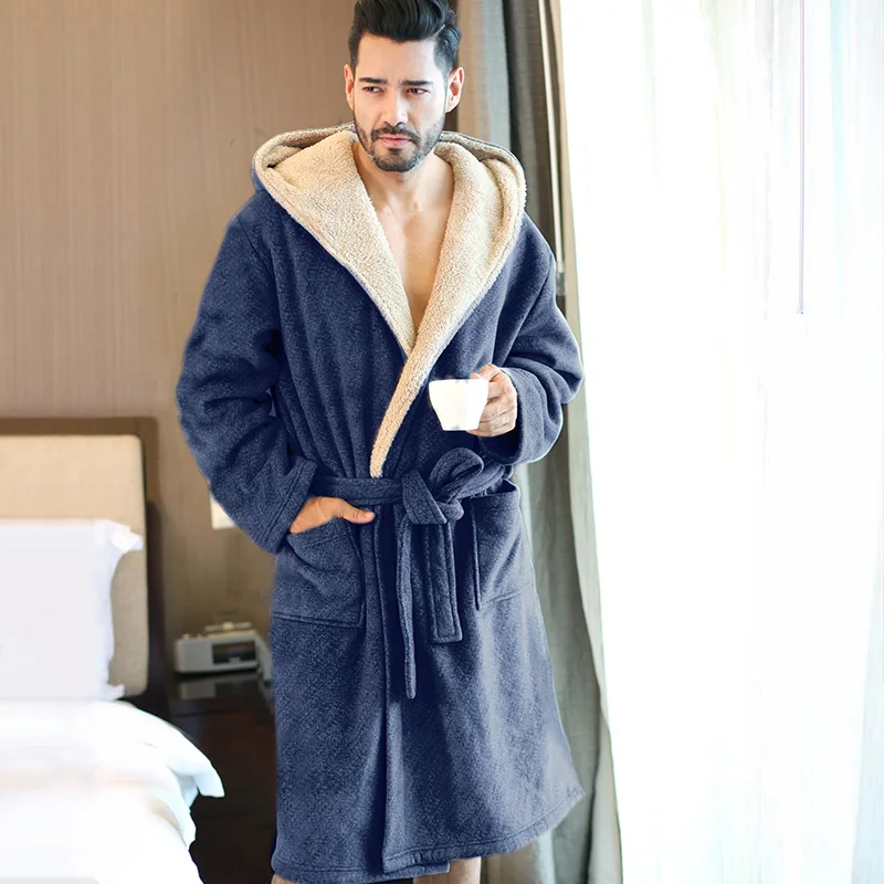 Зимние мужские халаты больших размеров с капюшоном фланелевые длинные банные халаты мужские удобные серые длинные домашние теплый халат ночная рубашка для сна - Цвет: Синий