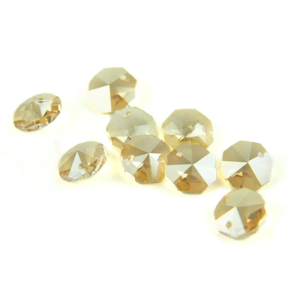 Champagne 14mm Octagon Beads With 1 Hole/2 Holes Crystal Lighting Lamp Parts Beads Strand Component For Home Wedding & DIY
