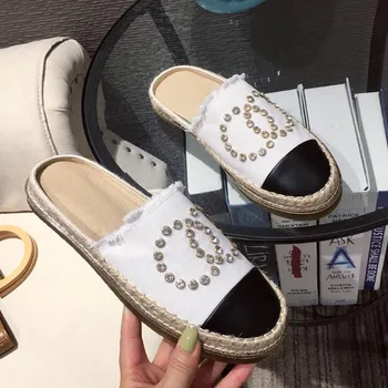 

Summer Women Fisherman Canvas Vamp Shoes Women Casual Hemp Insole Rhinestone Half Slippers Comfortable Slip On Flat Loafers