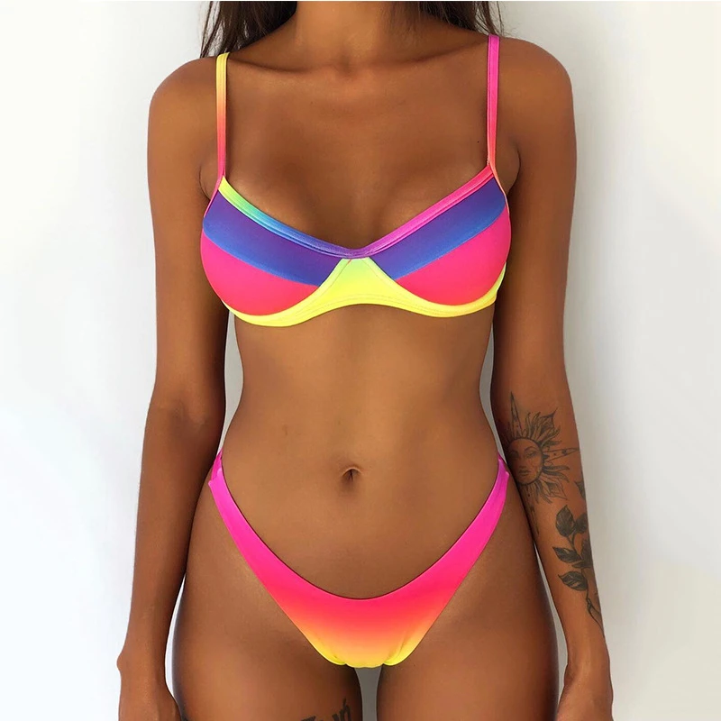 

Women Print Bikinis Sexy Striped Patchwork Bikini Set Swimwear Low Wasit Push Up Bathing Suit Swimsuit Female Beachwear Biquini