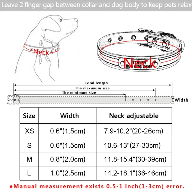 Personalized Rhinestone Bling Charm Leather Collar for Dog Size Chart