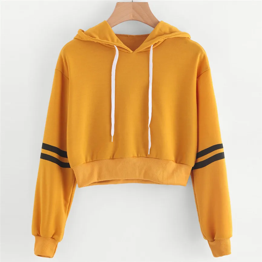 

2019 Casual Hoodies Women Varsity-Striped Drawstring Crop Hoodie Sweatshirt Jumper Crop Pullover Top Kpop Autumn Outwear