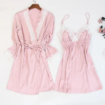 

Women Satin Sexy Sets Ladies Nightgown Print Two-pieces Silk Sleepwear Robe+Nightdress Lounge Sets Pijama