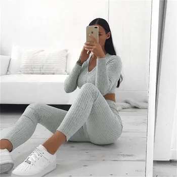 

Women Knitted Lounge Wear Sets 2pcs Crop Top Leggings Suit Ladies Tracksuit Autumn Casual Streetwear Clubwear