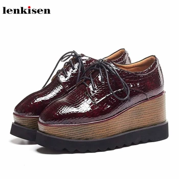

Lenkisen print genuine leather square toe platform high heels thick bottom vintage lace up punk rome women vulcanized shoes L36