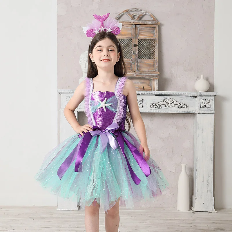 Mermaid Teal and Pearls Sparkly Tutu Dress for Girls Birthday Party Pageant Princess Dresses Kids Starfish Halloween Costume (1)