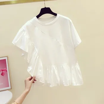

irregular ruffles women solid t-shirts 2020 summer new o-neck short-sleeved slim loose female pulls tops tees