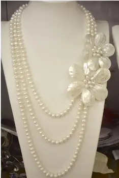 

Jewelry Pearl Necklace new arrival Fashion 3 rows Freshwater Pearl Mother of pearl Sea Shell Pearl flower Necklac Free Shipping