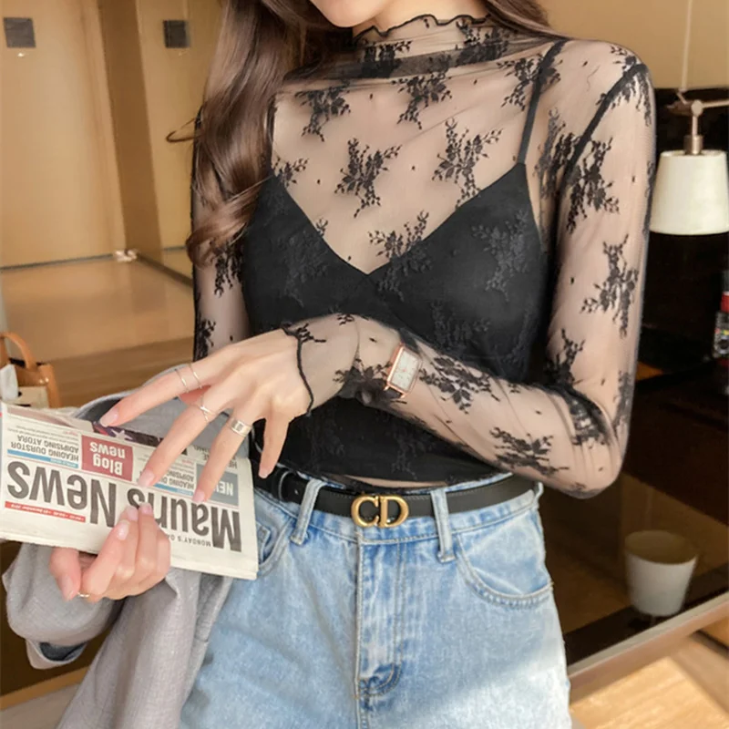 Korean Fashion Mesh Women Blouses Office Lady Shirt and Blouse Long Sleeve Floral Blusas Largas Loose Womens Sexy Tops