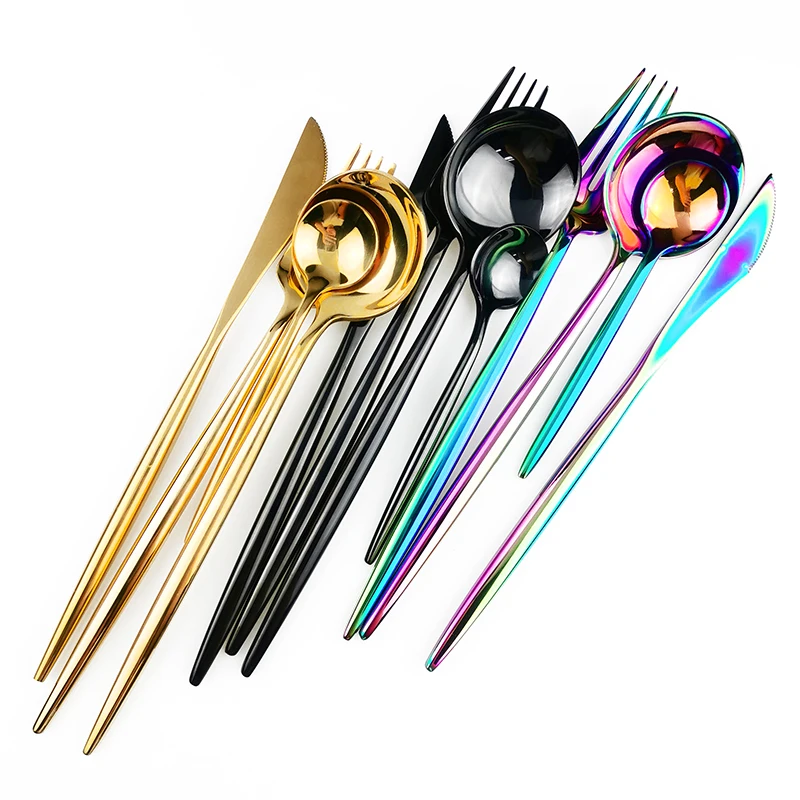 4pcs Gold Dinnerware Set Rainbow Knife Fork Spoon Dinner Set 304 Stainless Steel Flatware Set Kitchen Silverware Tableware Set