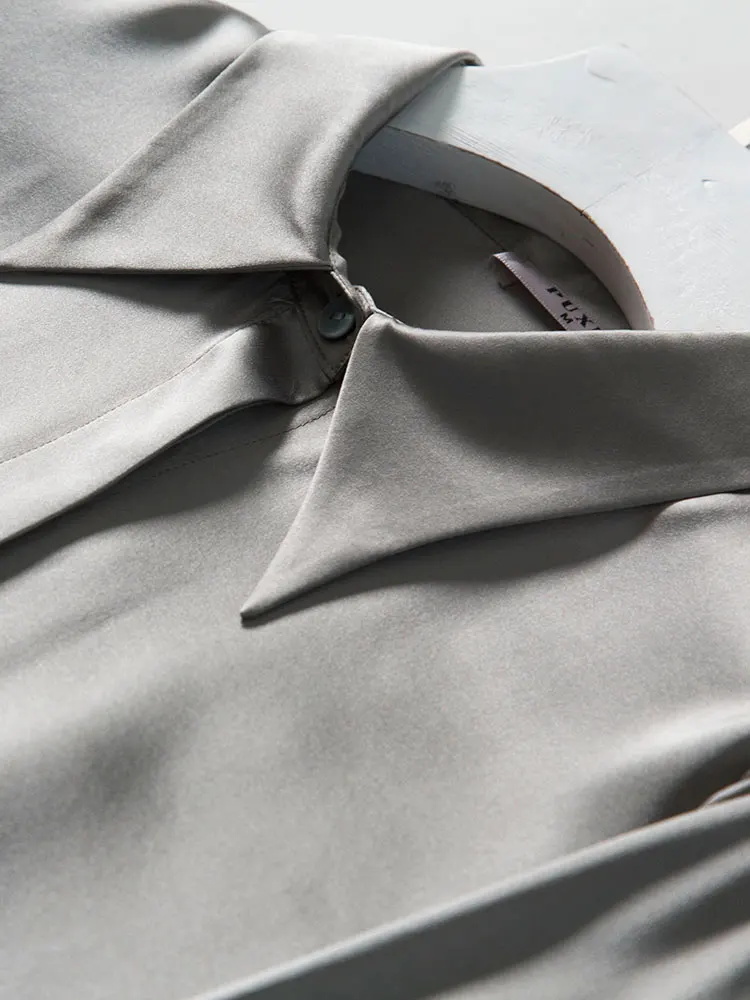 Серый натуральный шелк Blusas Femininas Elegante женская блузка кардиган женские рубашки с длинным рукавом воротник Питер Пэн Офисная Леди
