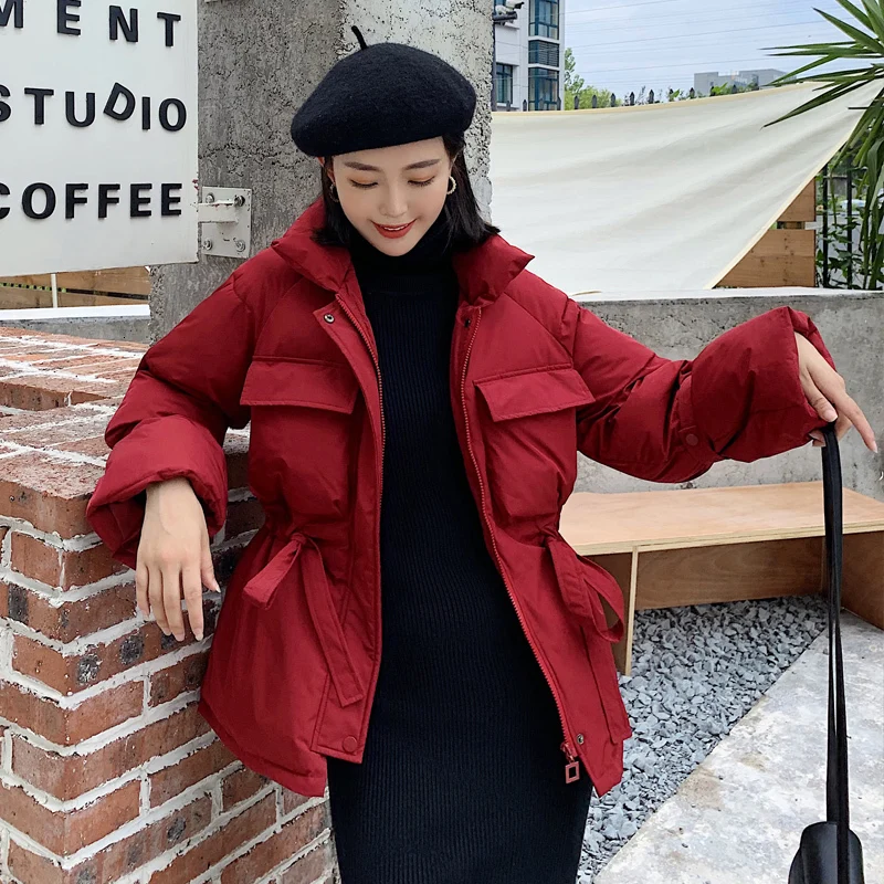 

2019 Winter Down Jackets Woman Stand Collar Chalaza Waist Drawstring Short Loose Coat Flare Sleeve
