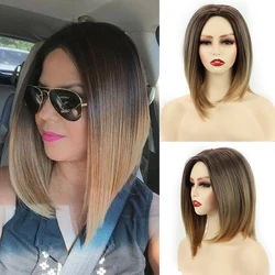 Synthetic Short Bob Straight Wig Honey Brown Middle Part Wigs for Women Heat Resistant Hair Ombre Blonde New Fashionable Hairs