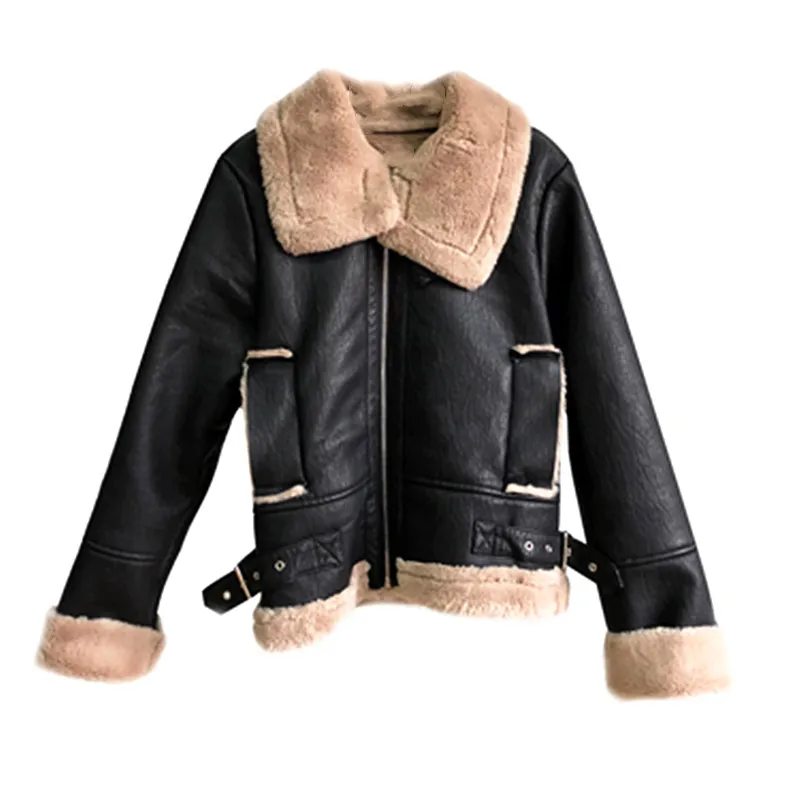 Leather Jacket Women Short Plus Thick Velvet PU Leather Jacket Motorcycle Jackets Women's Winter Faux Lambs Fur Coat Coats