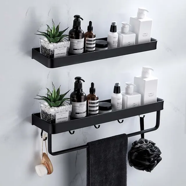 Bathroom Shelf With Towel Bar Wall Mounted Space Aluminum Bath Shower Shelf  Black Bath Shampoo Holder Toilet Shelf Organizer - Bathroom Shelves -  AliExpress