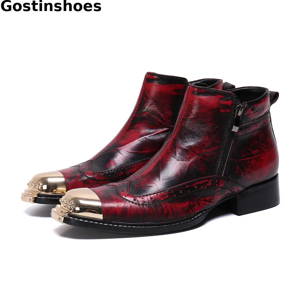 

Red Genuine Leather Square Metal Cap Toe Men Fashion Boots Side Zipper Short Ankle Boots Daily Wear Men Boots Wing Tip Slip On