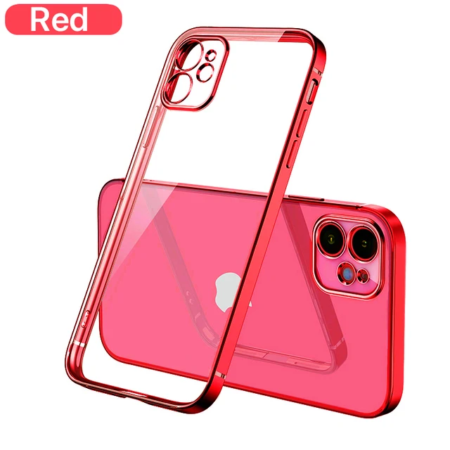 Luxury Transparent Square Frame Plating Case for iPhone 13 12 11 Pro Max Mini iPhone X Xs Xr 7 8 Plus SE 2020 Soft Clear Cover Red