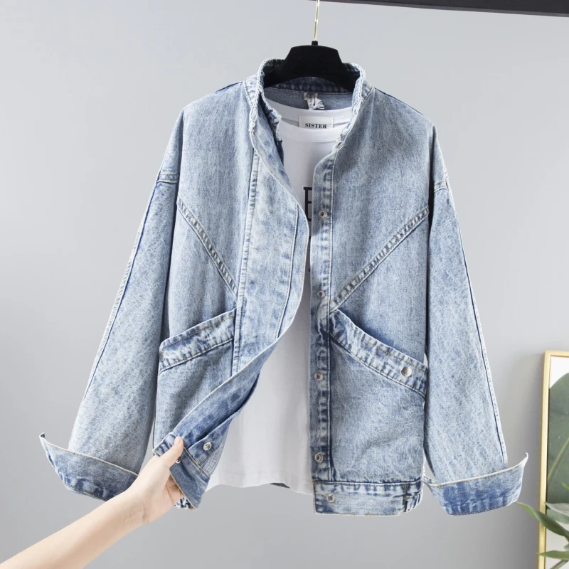 Autumn Standing collar Big Pocket Denim Jacket Women Outwear Korean size Loose Vintage Jeans Basic Coat Female | Женская одежда