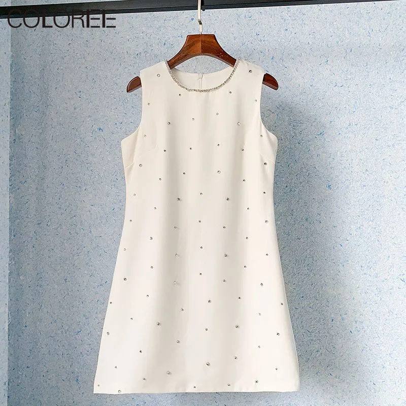 

Elegant Crystal White/black Mini Party Dress 2023 Summer Korean Fashion Clothes Sexy O-neck Sleeveless A-line Slim Vestidos