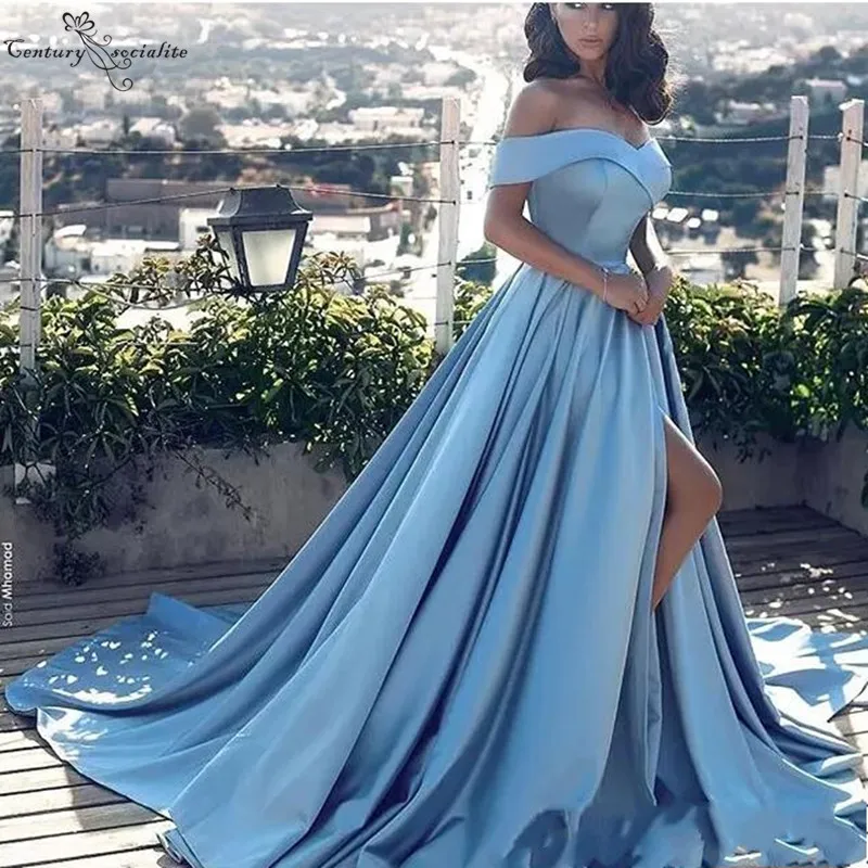^Cheap Blauw Satijn Prom Dresses 2020 A-lijn Off Shoulder Side Split Eenvoudige Formele Islamitische Dubai Kaftan Saudi Arabische Lange Prom Jassen