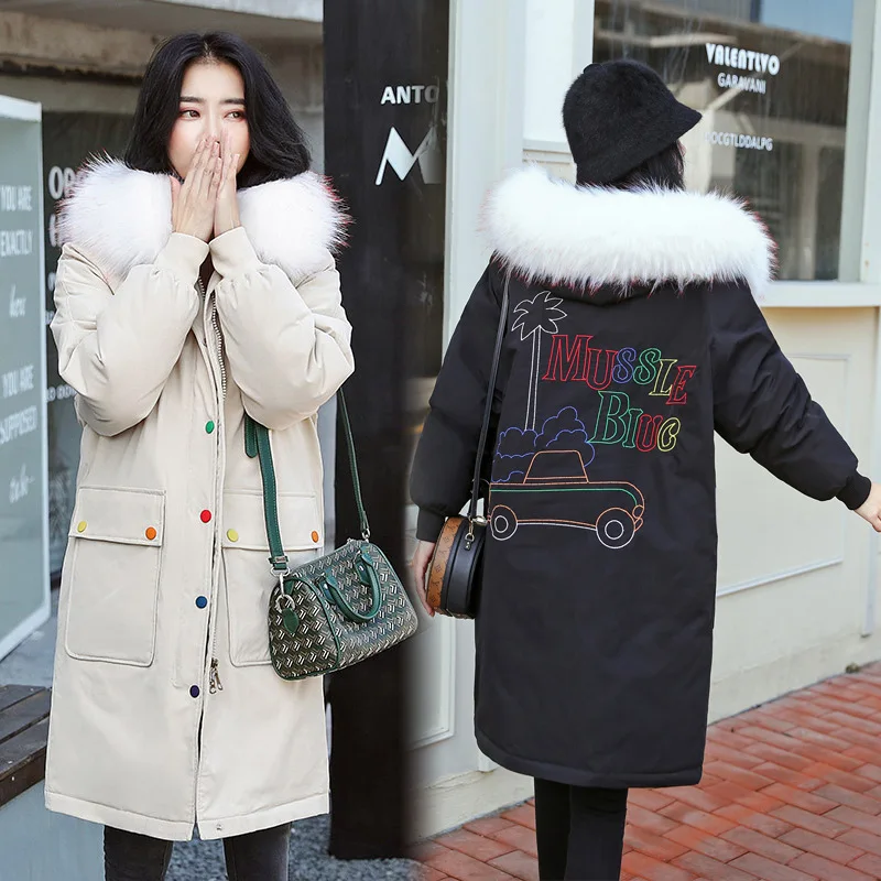 

Photo Shoot 2019 Autumn And Winter New Style down Jacket Women's Color Buckle Loose-Fit Cartoon Embroidered Mid-length Students