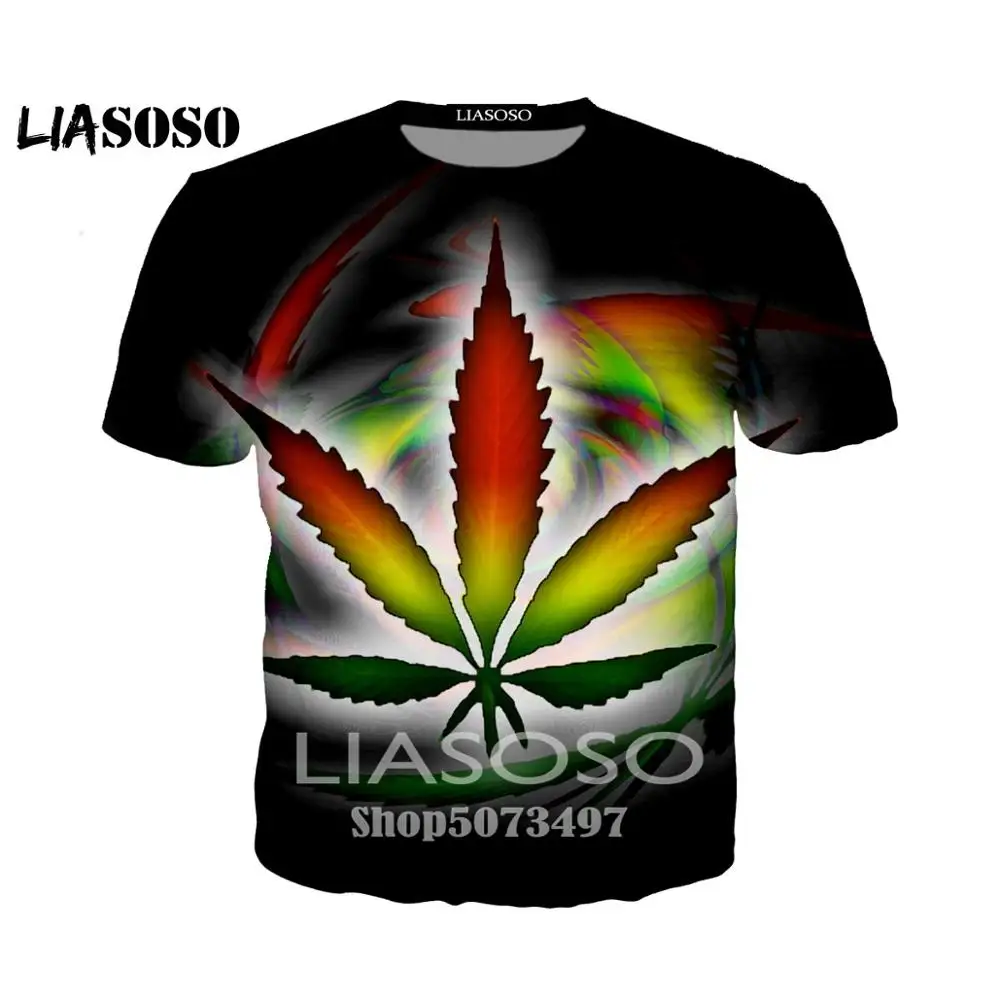 Liasoso, 3D принт, для женщин и мужчин, футболка, новая, модная, цветная, кленовый лист, конопляные листья, футболка, уличная, хип-хоп, круглый вырез, короткий рукав