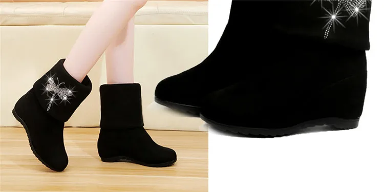 Зимние ботинки; женские ботинки до середины икры на танкетке; женская обувь из черной замши со стразами; женские ботинки; Bota Feminina