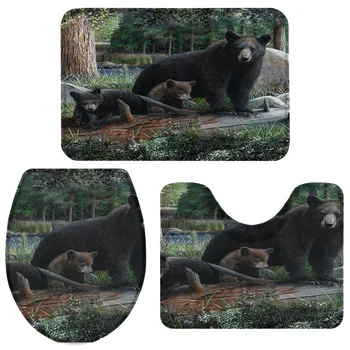 

3 Pieces Bathroom Set Family Natural Wild Animals Fierce Forest Bath Set Toilet Cover Mat Pedestal Rug Non-Slip Bathroom Rug Set