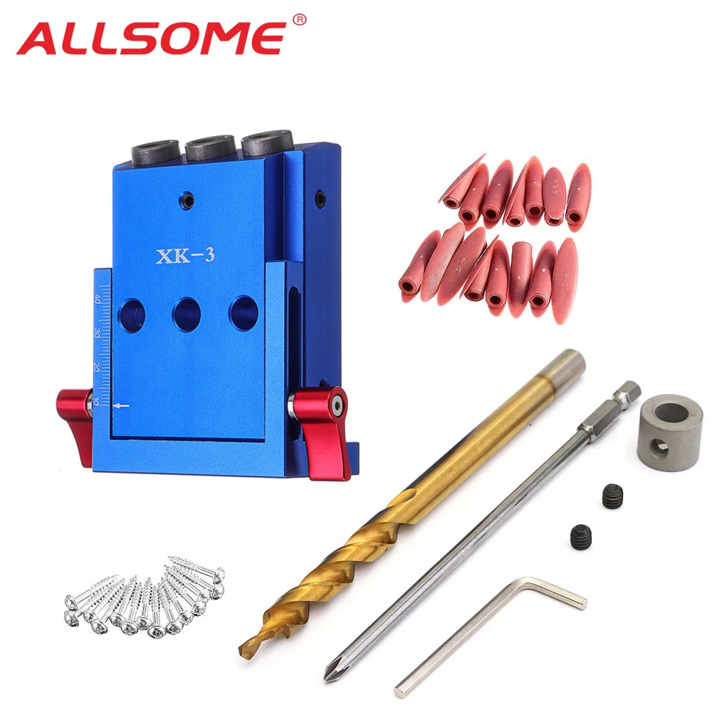 

ALLSOME XK-3 Pocket Hole Jig Kit 3 Holes Woodworking Drill Guide Aluminium Oblique Drill Guide Locator Tools HT2201