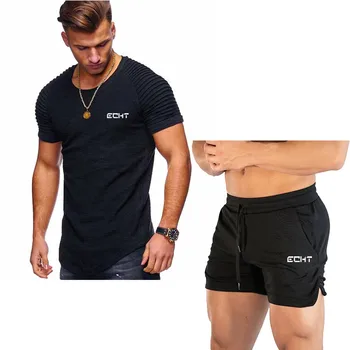 

Men's Slim Suits summer Running Sets Mens Cuffs Pleated T-shirts+Sports ShortsTracksuits Men Jogging Fitness Sports Shirts Suit