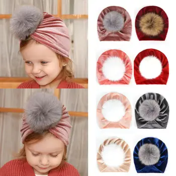

Autumn Winter Hat Baby Girl Toddler Faux Fur Pom Pom Beanie Turban Green Velvet Hat Fashion 1-2yrs