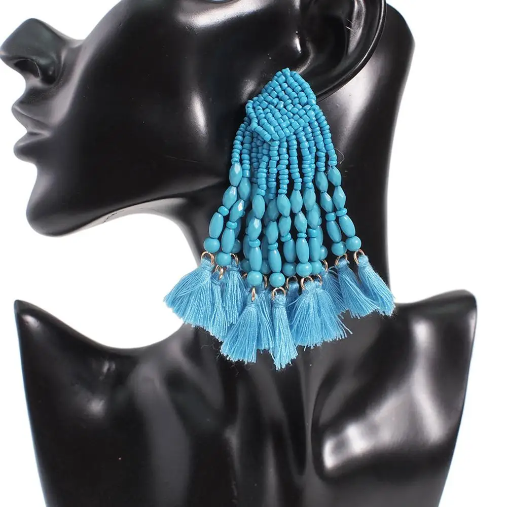sky blue Earrings MANILAI богемные серьги с кисточками и бусинами для женщин, длинные висячие серьги ручной работы с бахромой из бисера, этнические ювелирные изделия - Окраска металла: sky blue Earrings