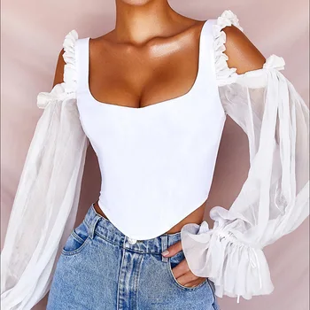 

Autumn Fashion Women Ladies Sexy Chic Off Shoulder Split Puff Sleeve V Cut Neck Long Mesh Sleeve Top Slim Fairy T-Shirts 2020