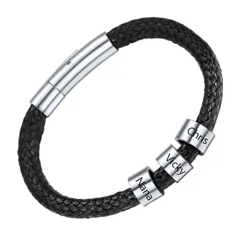

U7 Personalized Black Braided Leather Bracelet with 2-5 Names Engraved Custom Identification ID Bracelets for Men Women H1093