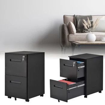 

Black 2-Drawer Movable File Cabinet Modern Contemporary Style Metal Locking for Home Office BV789
