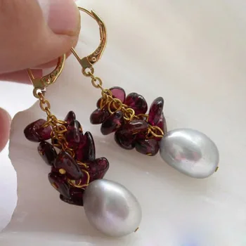 

FREE SHIPPING hot sell new garnet detritus baroque gray pearl dangle earring