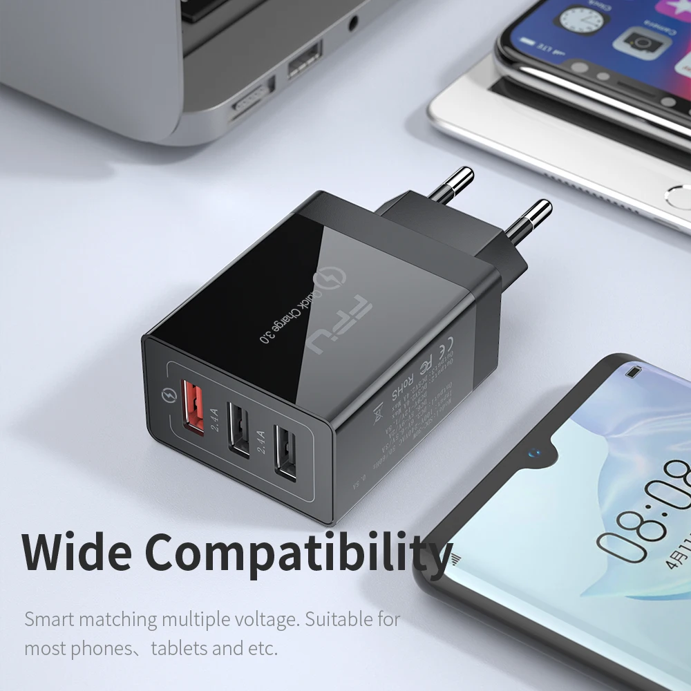 FPU 3 Port USB Charger 30W Quick Charge 3.0 2.0 Mobile Phone Charger for iPhone EU QC3.0 Fast Charger for Huawei Samsung S9+ S10