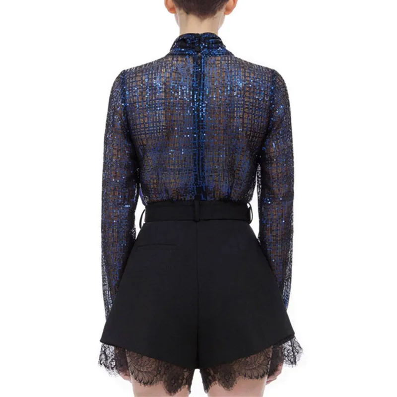 Self Portrait Designer Tops Female Autumn Elegant Blue Sequined Bow Long Sleeve Blouses Womens