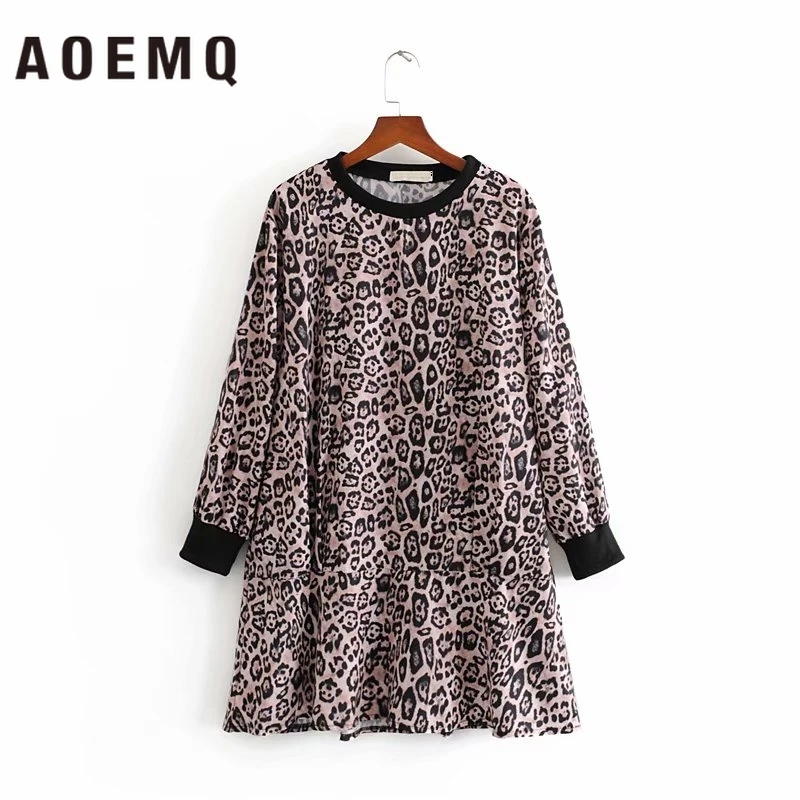 

AOEMQ Wind Leopard Print Dresses O-Neck Zoo Theme Crazy Day Midi Dress Autumn New Punk High Street Dresses Women Clothing