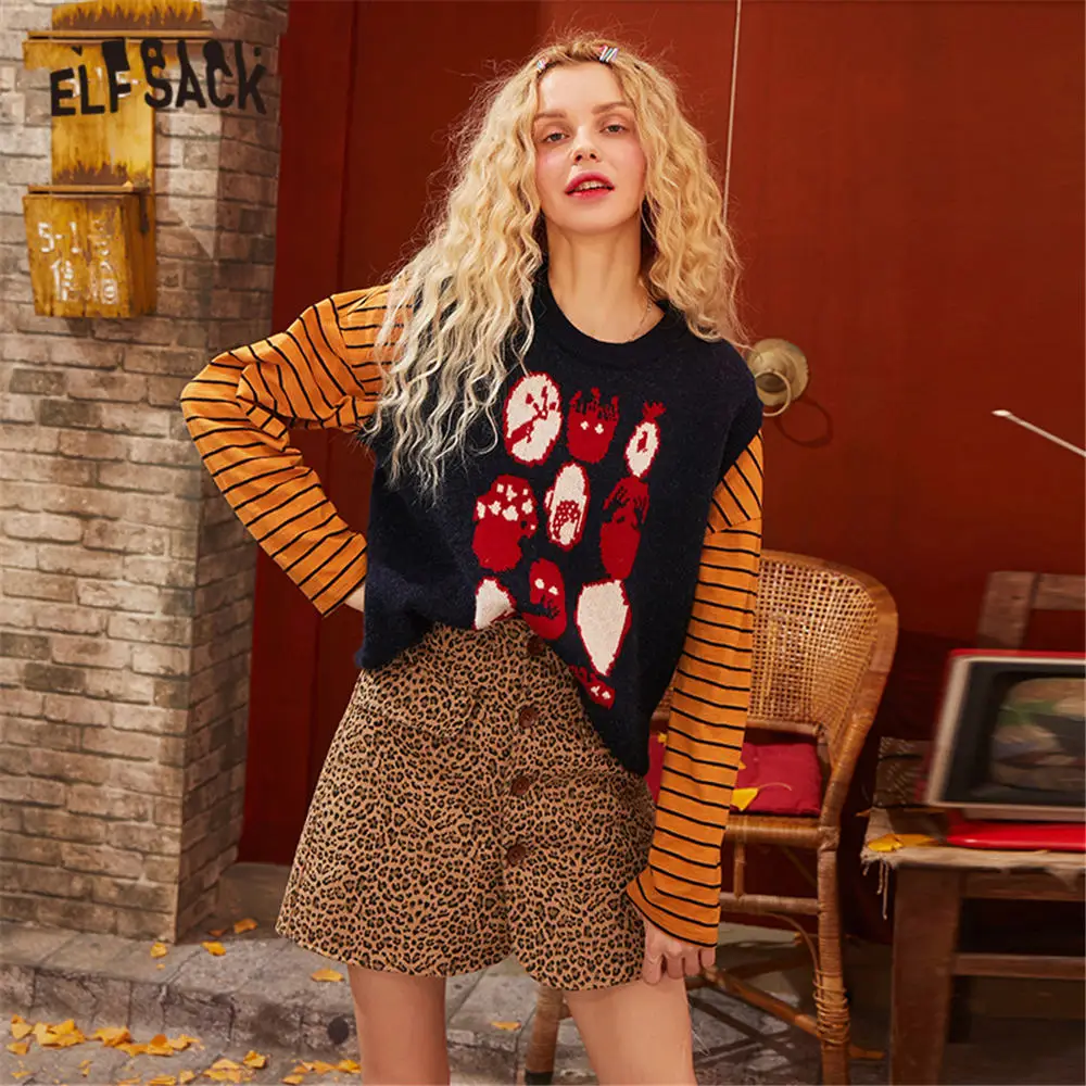 ELFSACK Black Graphic Print Knit Pullover Women Sweater Vest 2020 Spring Navy Blue V Neck Sleeveless Casual Ladies Daily Top | Женская