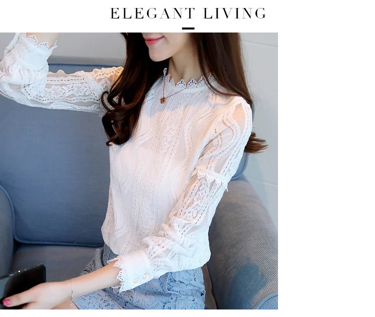 spring autumn Women Crochet Blouse Lace Chiffon Shirt White/Black Basic Shirt Ladies Stand Collar Ruffles Blusas Femininas