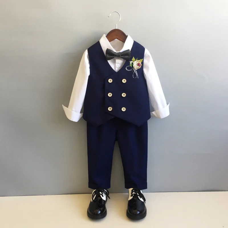 Child Formal Double Breasted Suit Set Boy Autumn Winter Wedding Party Piano Perforance Banquet Costume Kid Blazer Pants Clothes