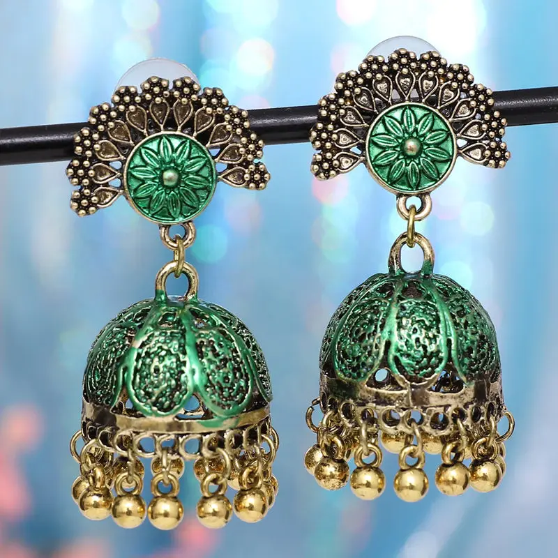 Индийские Jhumka серьги «Слоник» цыганские ювелирные изделия в стиле ретро этнические бусины в античном стиле висячие серьги с кисточками для женщин богемный подарок - Окраска металла: D green