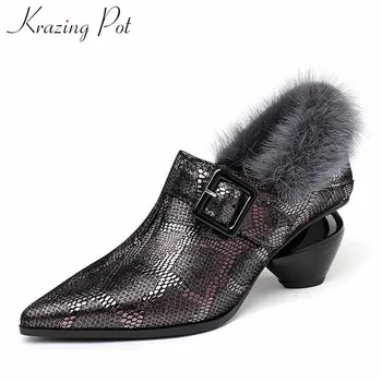 

Krazing pot new big size print snake sheep leather fur shoes high heels pointed toe buckle straps mature fashion women pumps L12