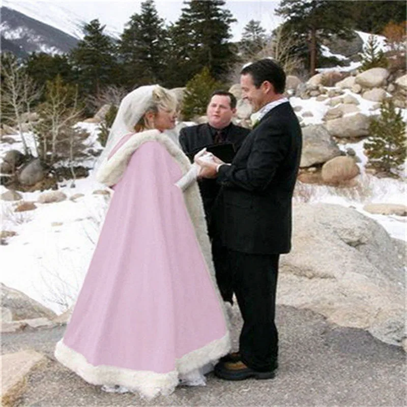 Зимняя Длинная свадебная накидка из искусственного меха, накидка с капюшоном для свадьбы, шаль из искусственного меха, теплые накидки, модные женские накидки, аксессуары - Цвет: Розовый