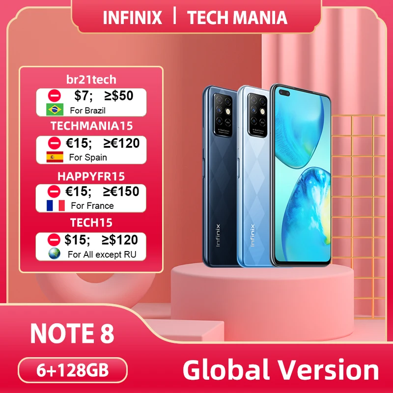 Infinix-teléfono inteligente Note 8, versión Global, 6GB de RAM, 128GB de ROM, pantalla HD de 6,95 pulgadas, batería de 5200mAh, X692-K móvil de carga rápida de 18W