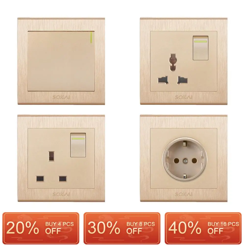 SOKAI Golden Color Brush Panel Anti-fire 1/2/3/4 Gang 1/2 Way Universal UK British Schuko Standard Wall Power Switch Socket
